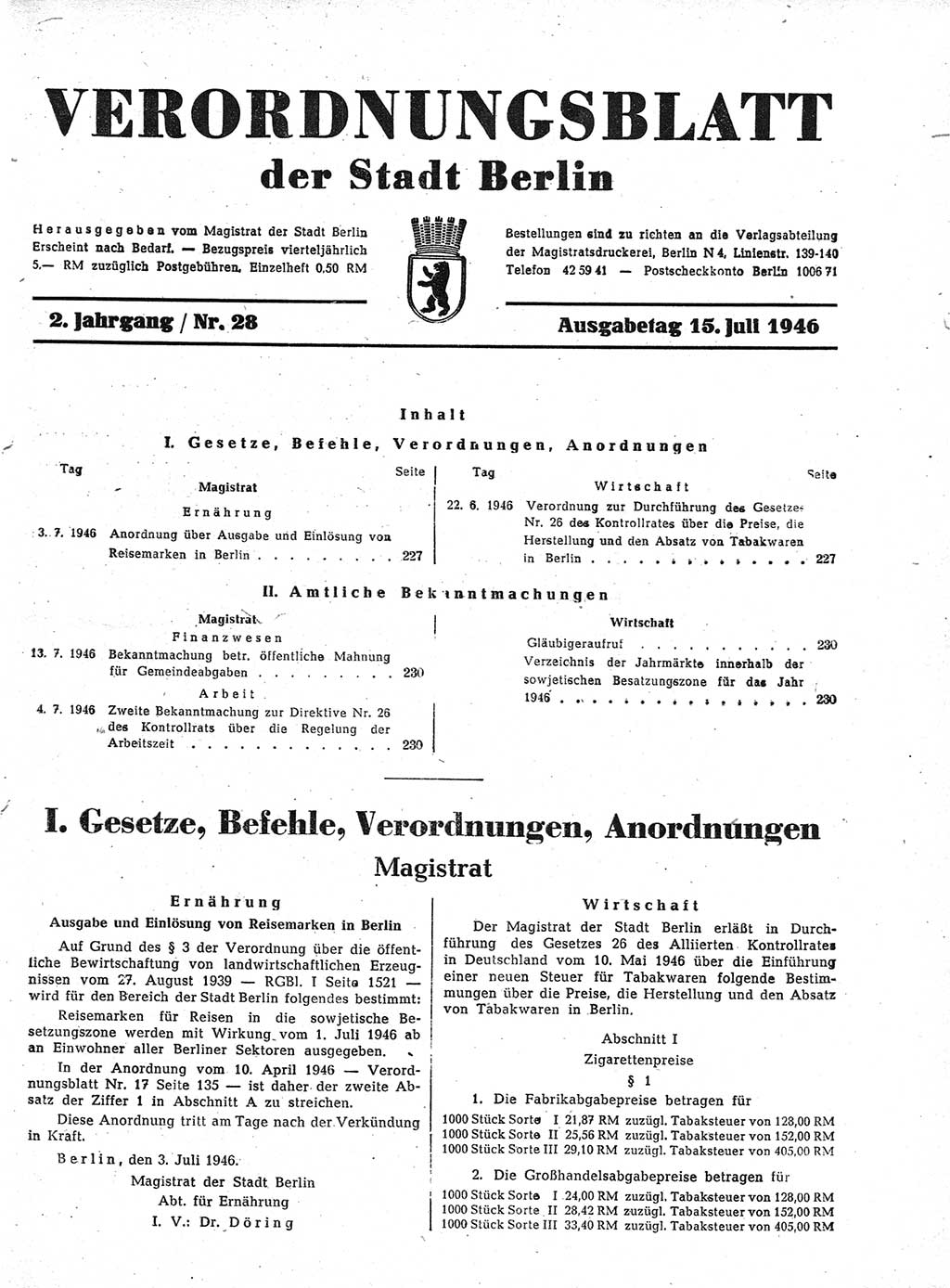 Verordnungsblatt (VOBl.) der Stadt Berlin, für Groß-Berlin 1946, Seite 227 (VOBl. Bln. 1946, S. 227)