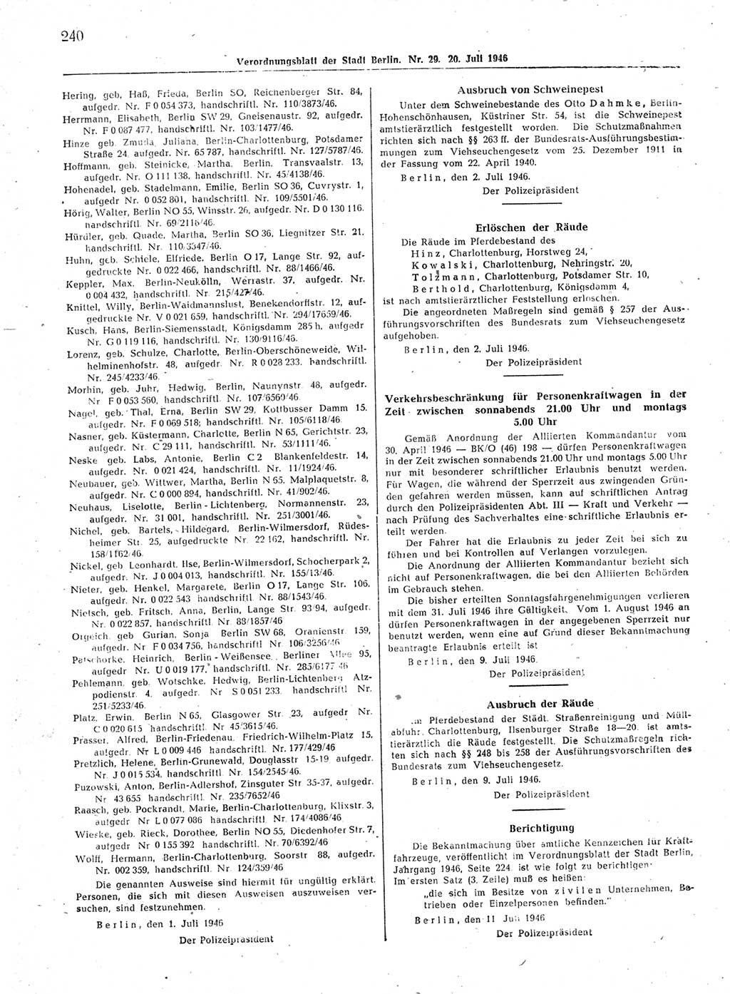 Verordnungsblatt (VOBl.) der Stadt Berlin, für Groß-Berlin 1946, Seite 240 (VOBl. Bln. 1946, S. 240)