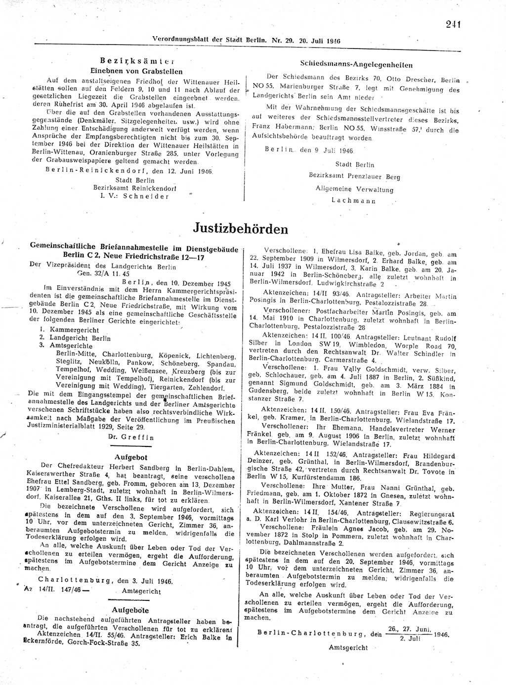 Verordnungsblatt (VOBl.) der Stadt Berlin, für Groß-Berlin 1946, Seite 241 (VOBl. Bln. 1946, S. 241)