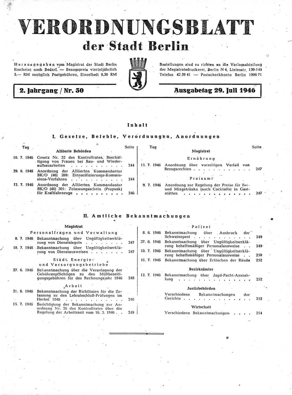 Verordnungsblatt (VOBl.) der Stadt Berlin, für Groß-Berlin 1946, Seite 243 (VOBl. Bln. 1946, S. 243)