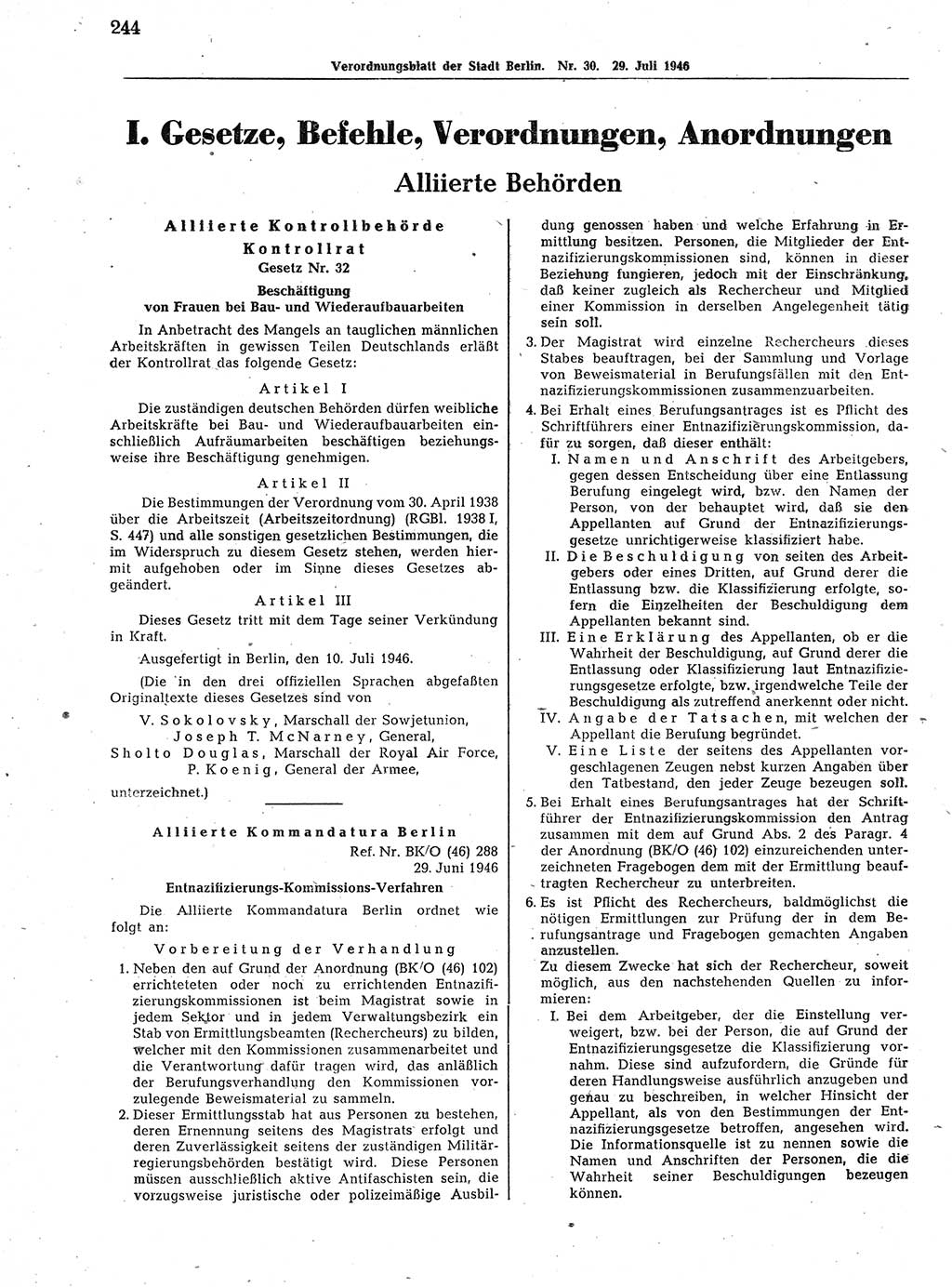 Verordnungsblatt (VOBl.) der Stadt Berlin, für Groß-Berlin 1946, Seite 244 (VOBl. Bln. 1946, S. 244)