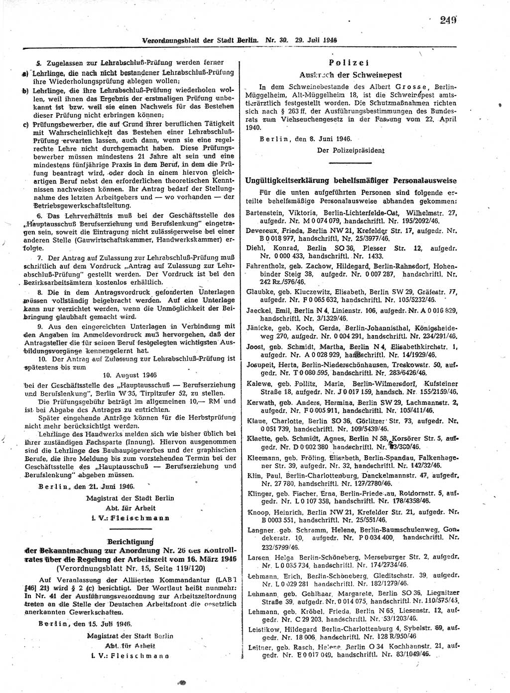 Verordnungsblatt (VOBl.) der Stadt Berlin, für Groß-Berlin 1946, Seite 249 (VOBl. Bln. 1946, S. 249)