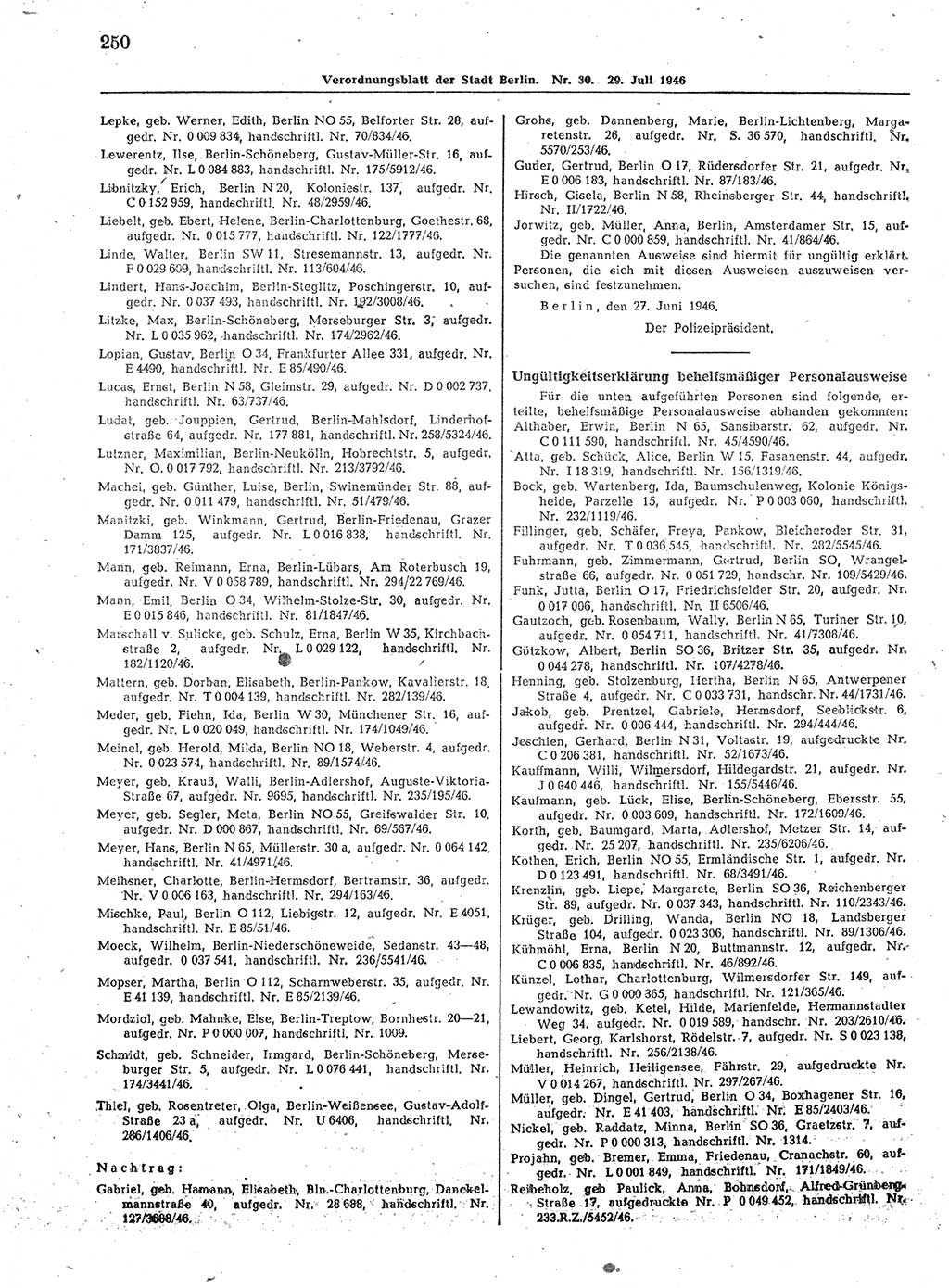 Verordnungsblatt (VOBl.) der Stadt Berlin, für Groß-Berlin 1946, Seite 250 (VOBl. Bln. 1946, S. 250)