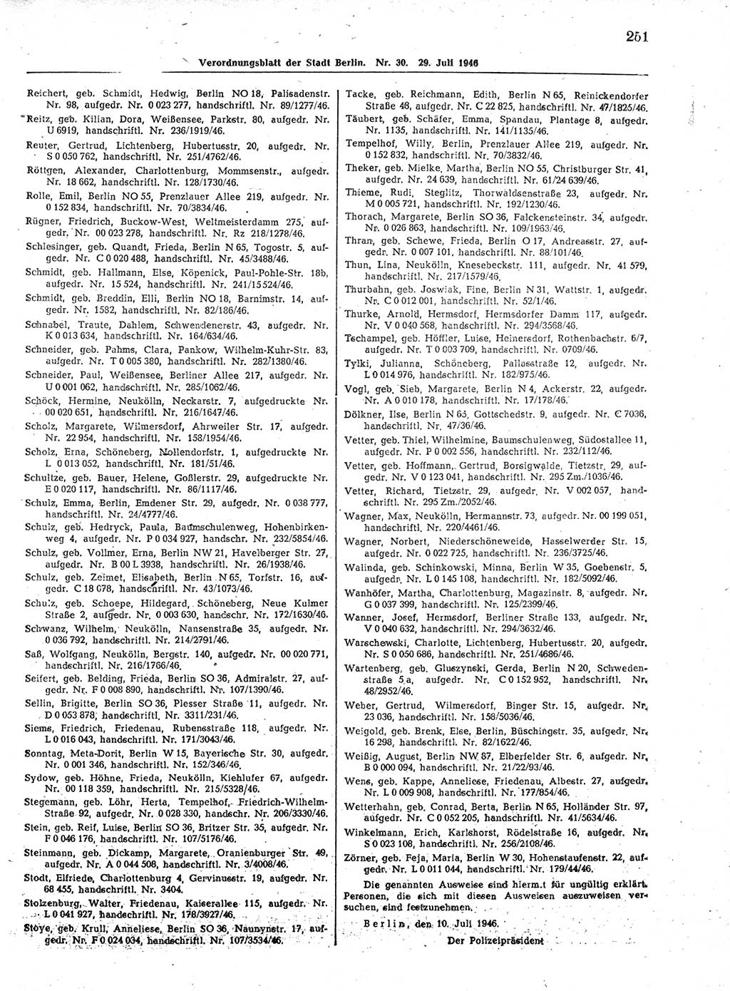 Verordnungsblatt (VOBl.) der Stadt Berlin, für Groß-Berlin 1946, Seite 251 (VOBl. Bln. 1946, S. 251)
