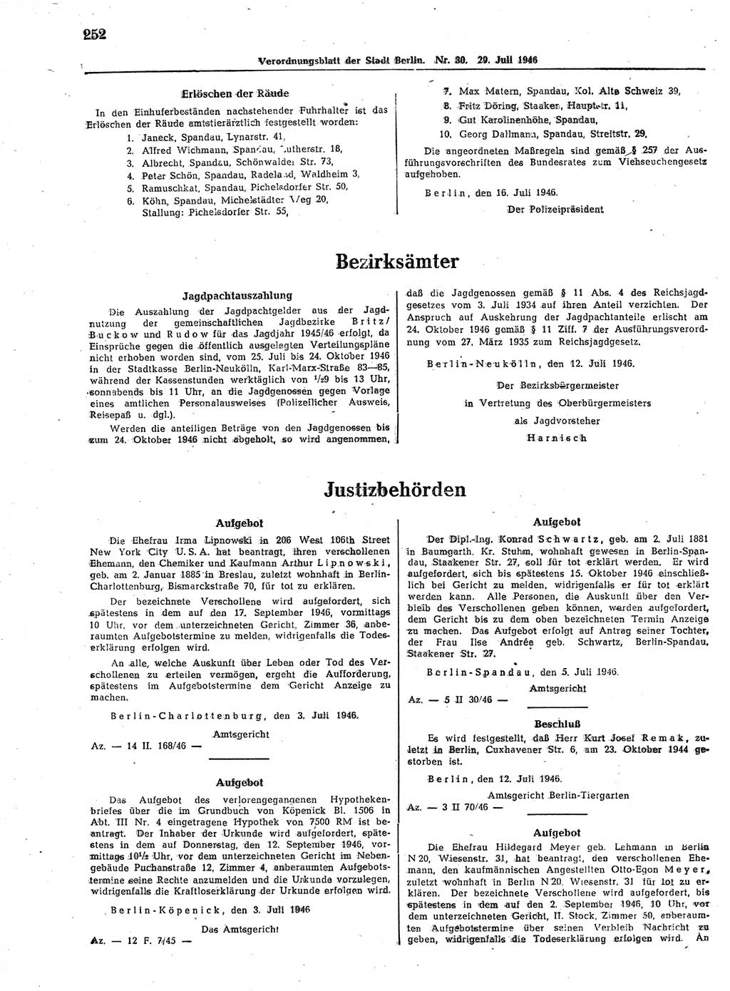 Verordnungsblatt (VOBl.) der Stadt Berlin, für Groß-Berlin 1946, Seite 252 (VOBl. Bln. 1946, S. 252)
