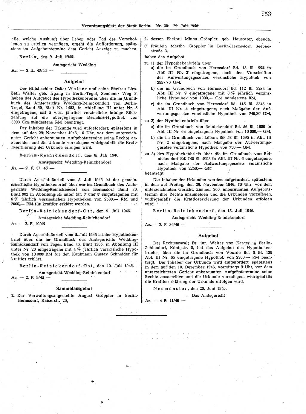 Verordnungsblatt (VOBl.) der Stadt Berlin, für Groß-Berlin 1946, Seite 253 (VOBl. Bln. 1946, S. 253)