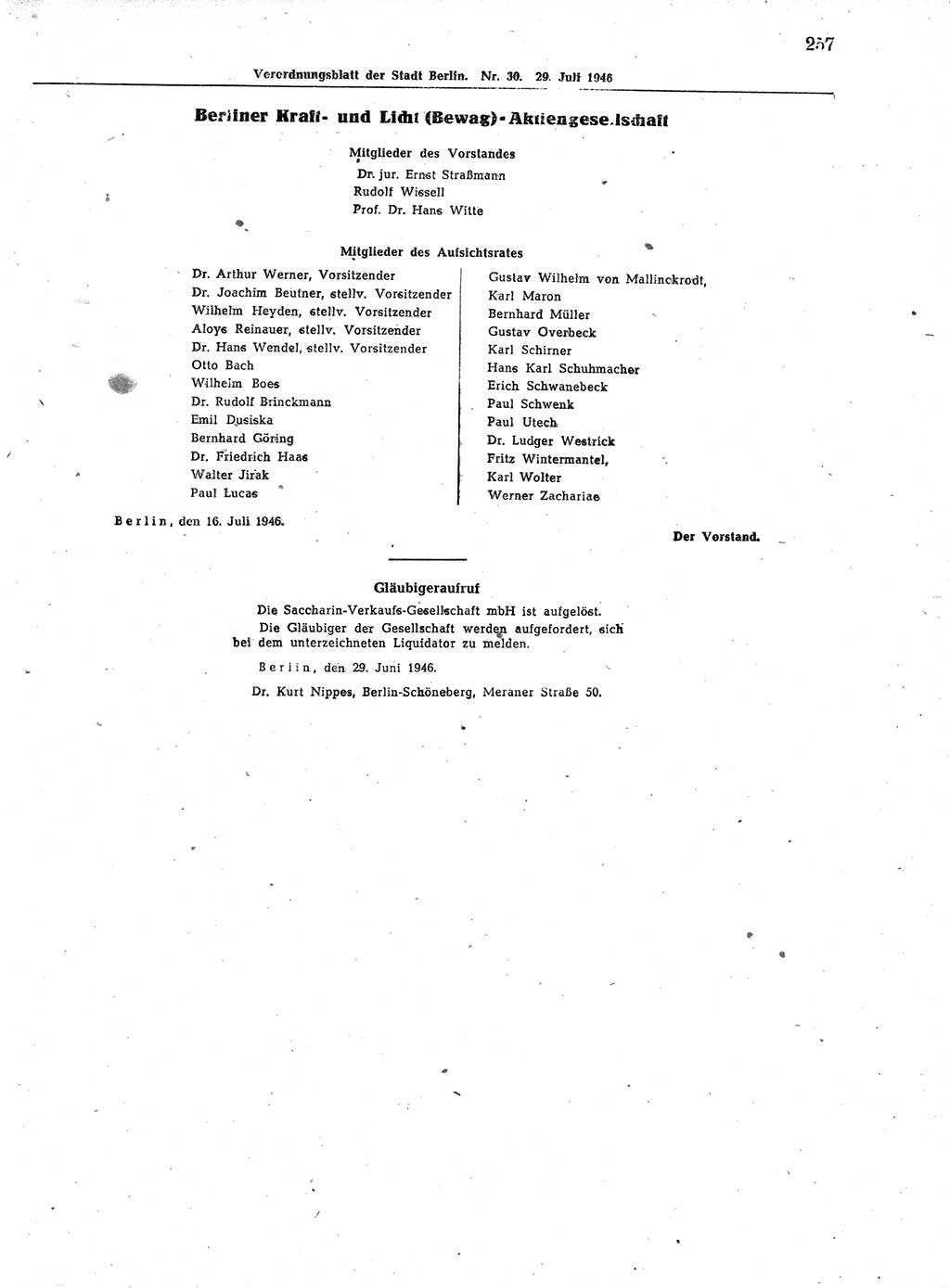 Verordnungsblatt (VOBl.) der Stadt Berlin, für Groß-Berlin 1946, Seite 257 (VOBl. Bln. 1946, S. 257)