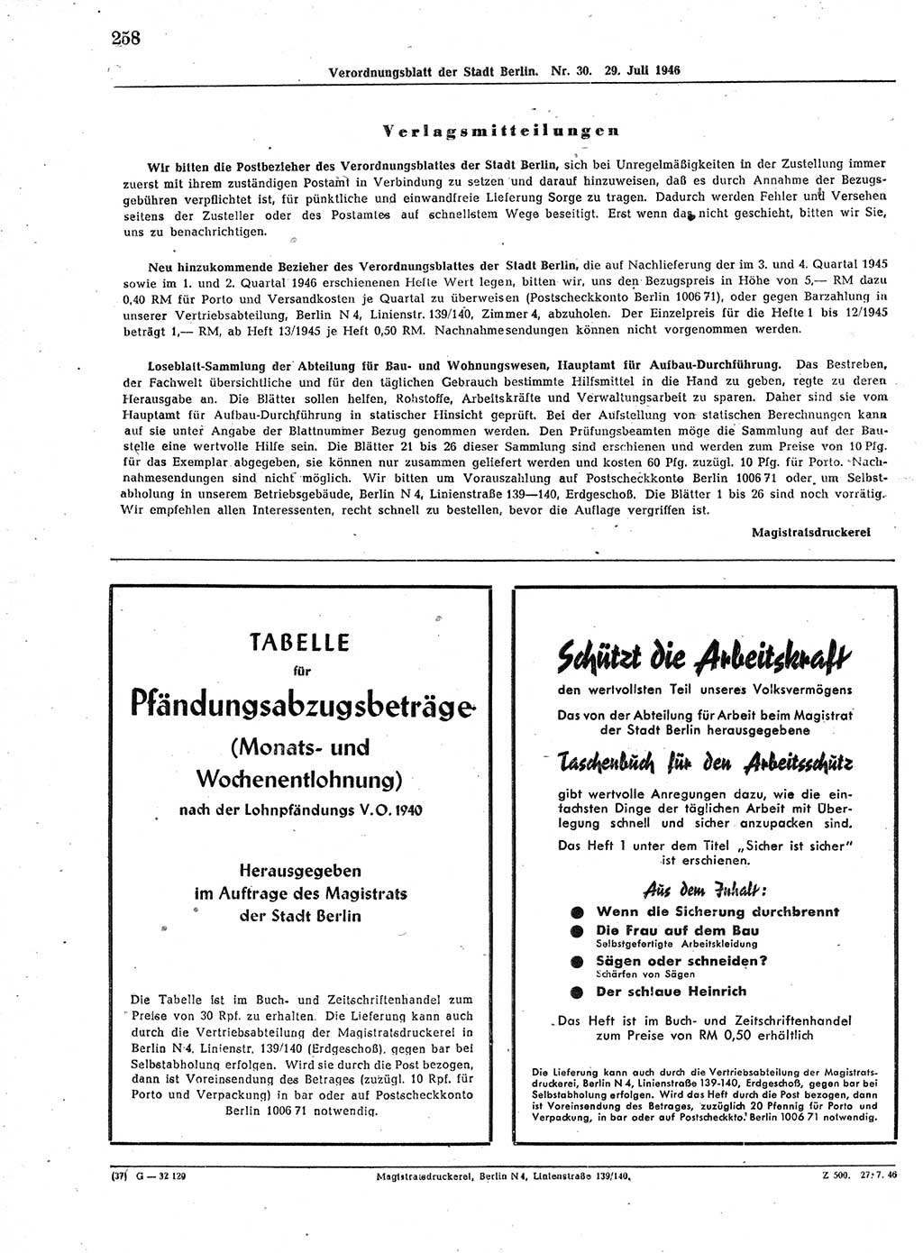 Verordnungsblatt (VOBl.) der Stadt Berlin, für Groß-Berlin 1946, Seite 258 (VOBl. Bln. 1946, S. 258)