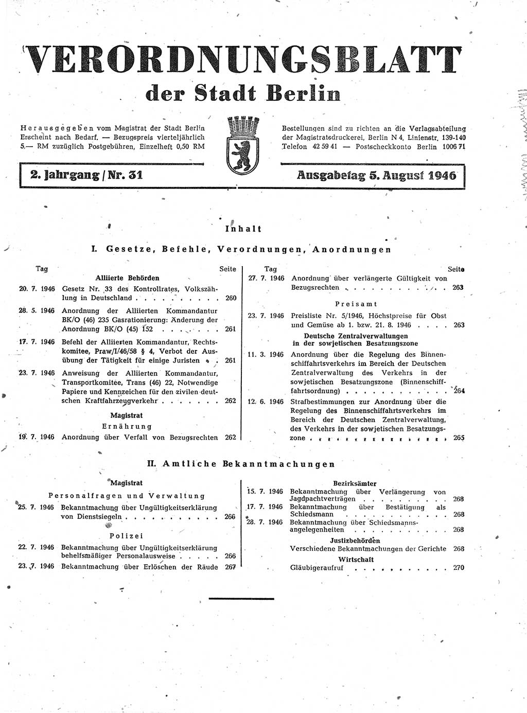 Verordnungsblatt (VOBl.) der Stadt Berlin, für Groß-Berlin 1946, Seite 259 (VOBl. Bln. 1946, S. 259)