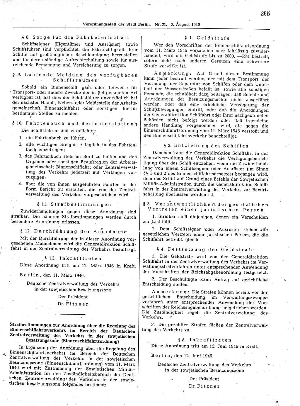 Verordnungsblatt (VOBl.) der Stadt Berlin, für Groß-Berlin 1946, Seite 265 (VOBl. Bln. 1946, S. 265)