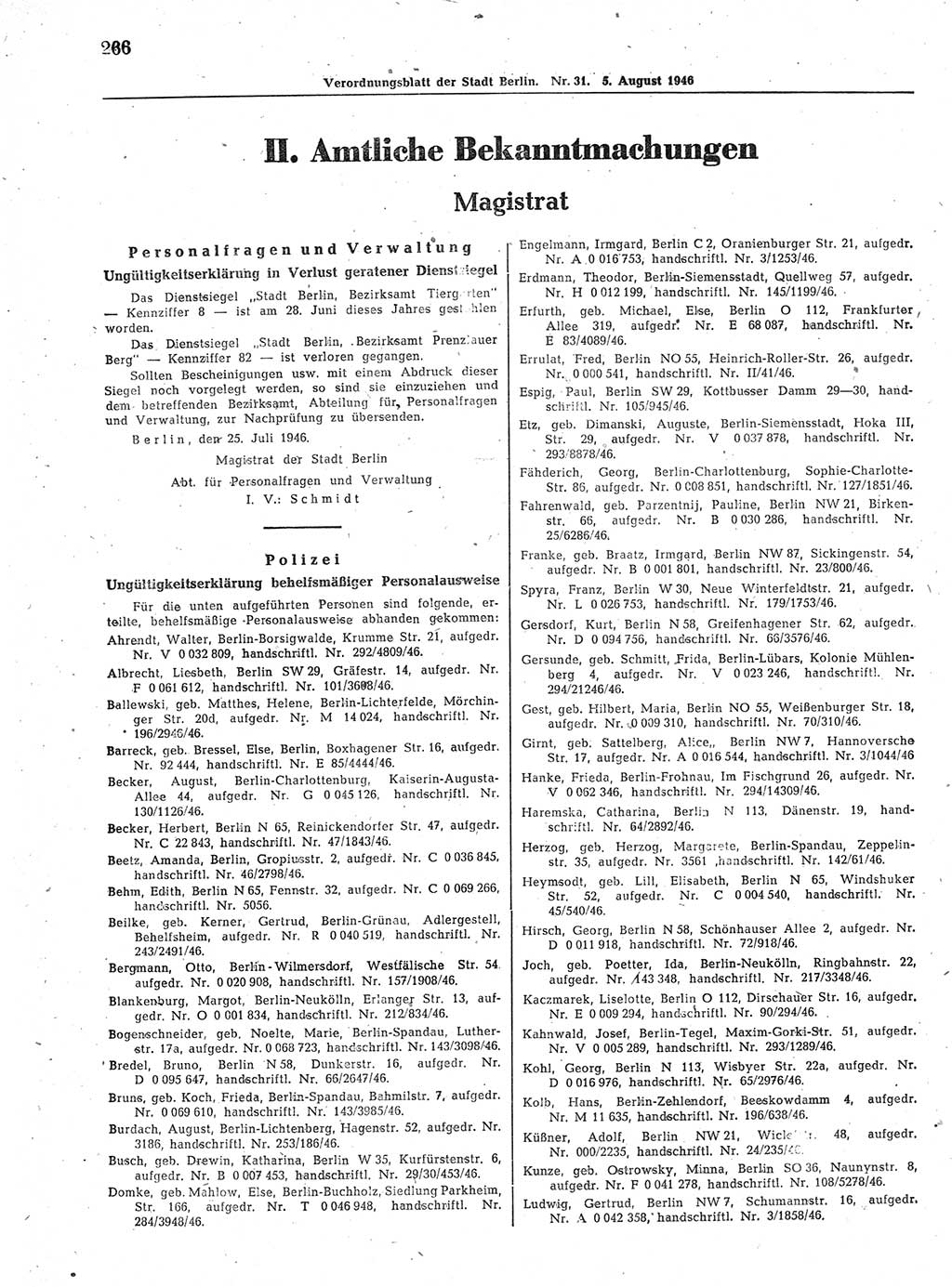 Verordnungsblatt (VOBl.) der Stadt Berlin, für Groß-Berlin 1946, Seite 266 (VOBl. Bln. 1946, S. 266)