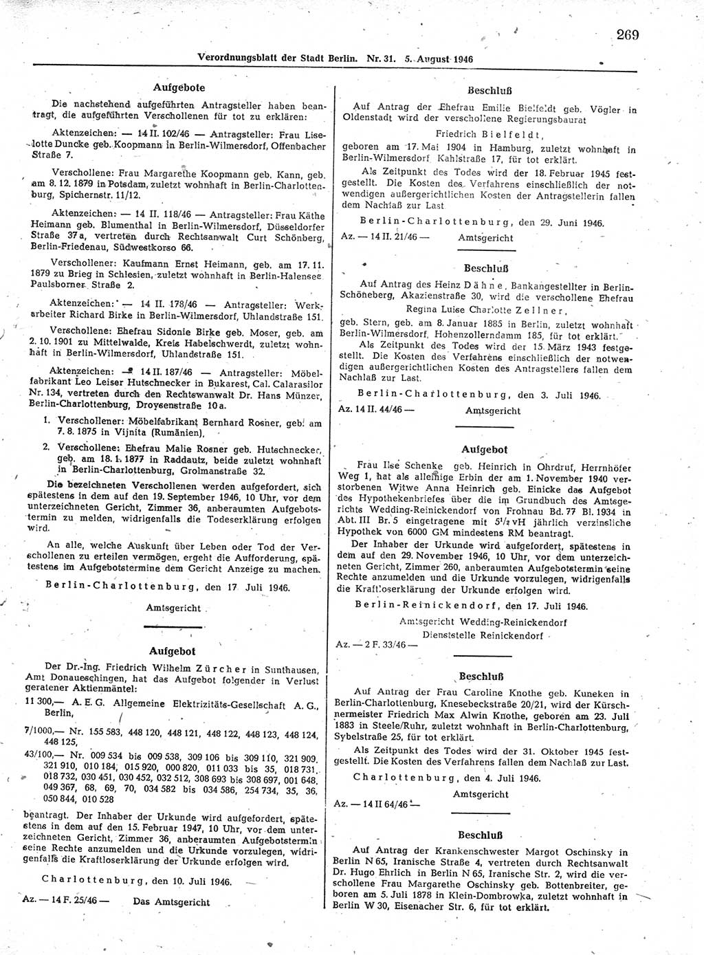 Verordnungsblatt (VOBl.) der Stadt Berlin, für Groß-Berlin 1946, Seite 269 (VOBl. Bln. 1946, S. 269)