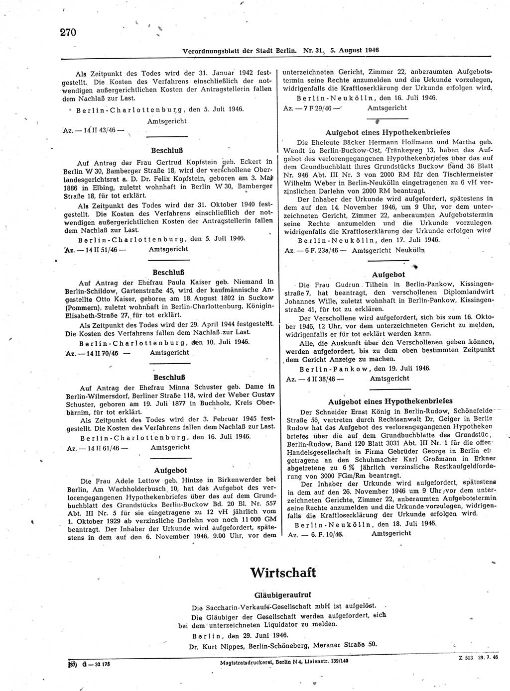 Verordnungsblatt (VOBl.) der Stadt Berlin, für Groß-Berlin 1946, Seite 270 (VOBl. Bln. 1946, S. 270)