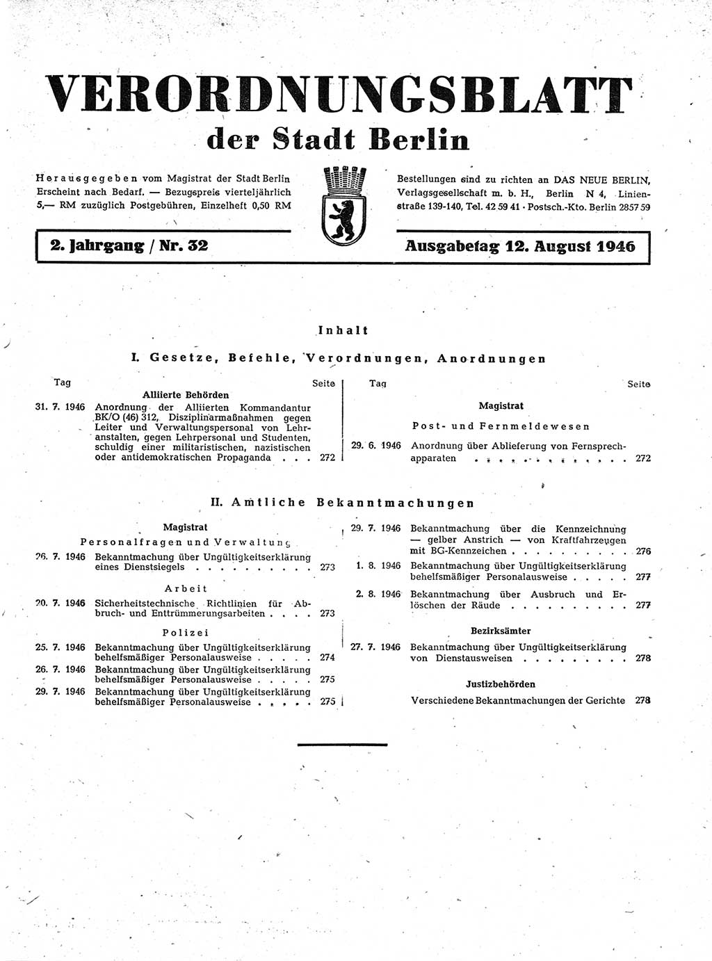 Verordnungsblatt (VOBl.) der Stadt Berlin, für Groß-Berlin 1946, Seite 271 (VOBl. Bln. 1946, S. 271)