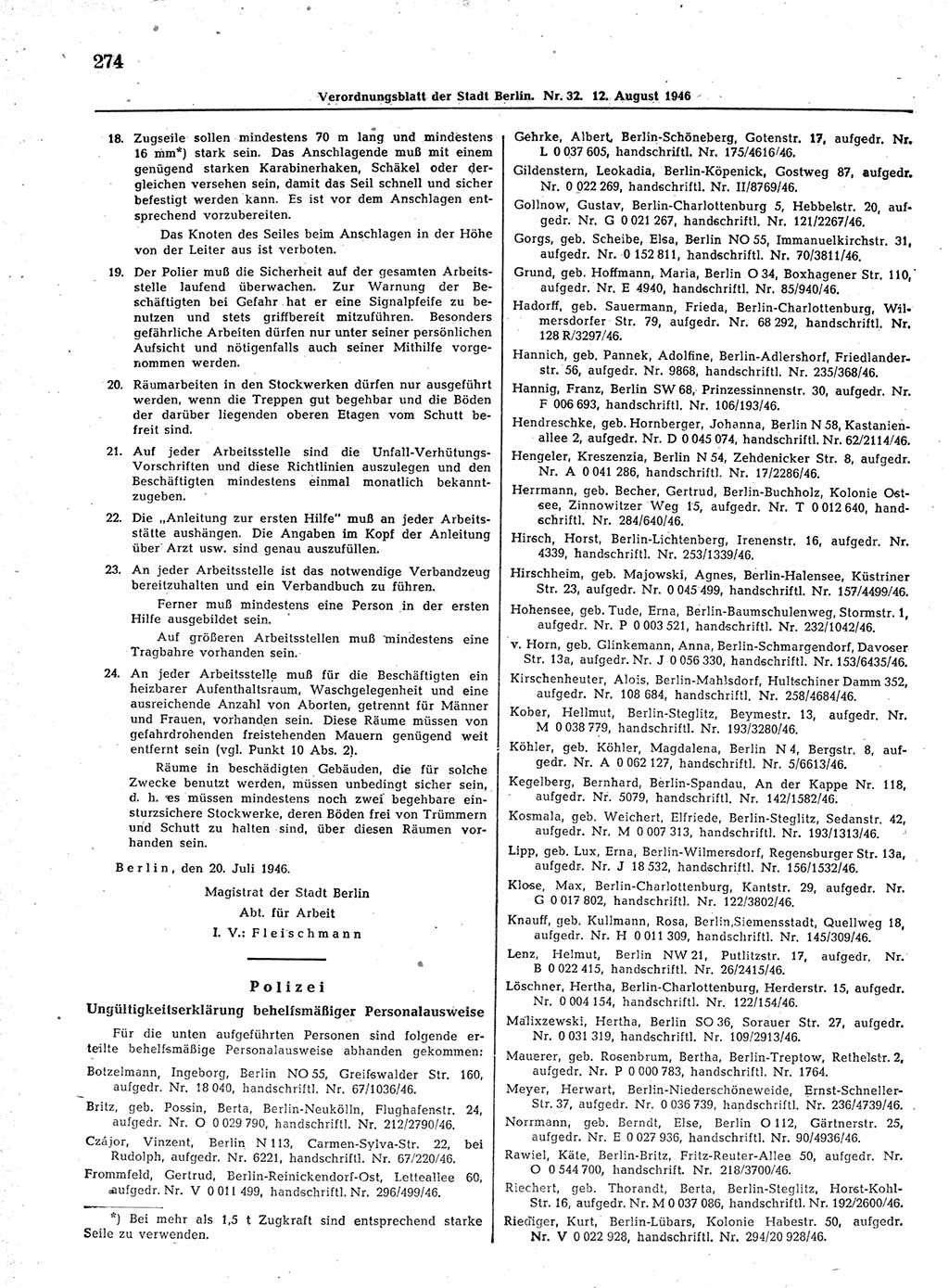 Verordnungsblatt (VOBl.) der Stadt Berlin, für Groß-Berlin 1946, Seite 274 (VOBl. Bln. 1946, S. 274)