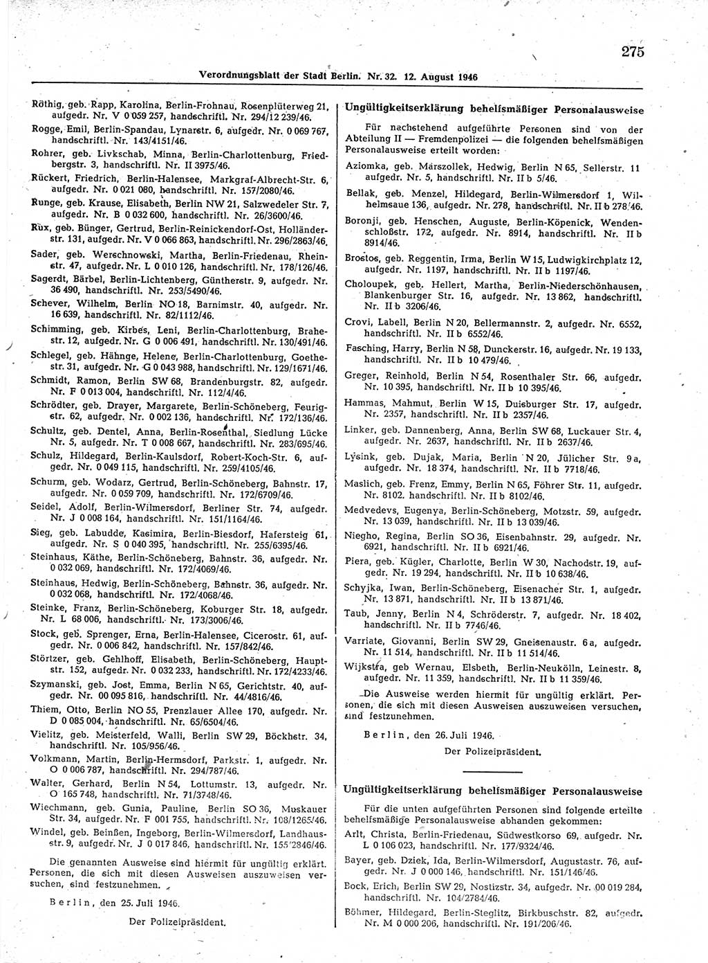Verordnungsblatt (VOBl.) der Stadt Berlin, für Groß-Berlin 1946, Seite 275 (VOBl. Bln. 1946, S. 275)