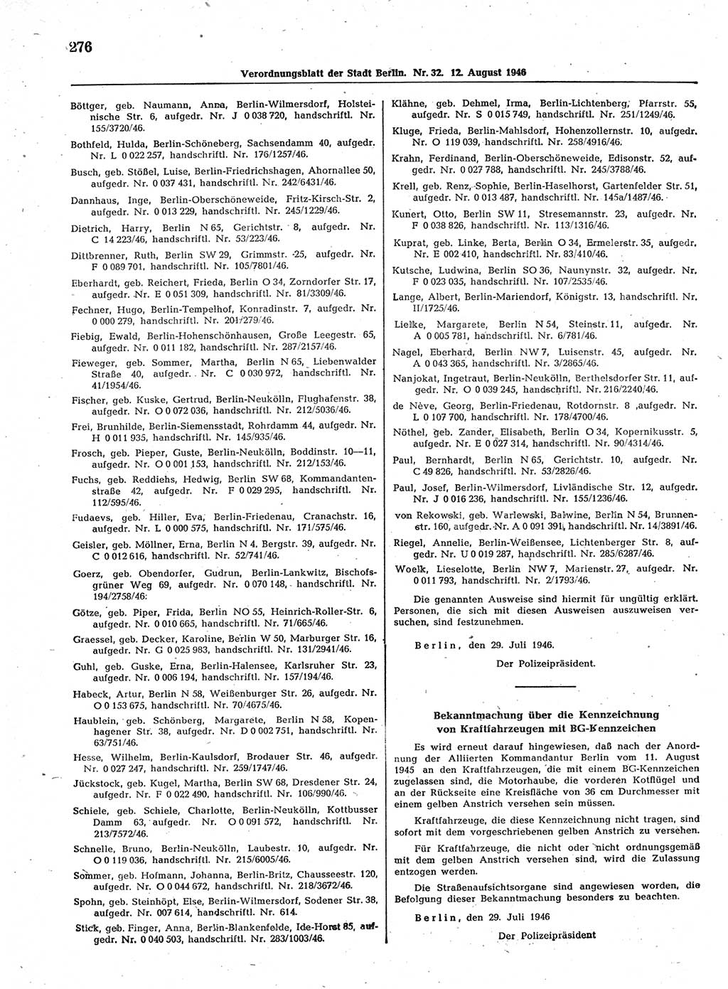 Verordnungsblatt (VOBl.) der Stadt Berlin, für Groß-Berlin 1946, Seite 276 (VOBl. Bln. 1946, S. 276)