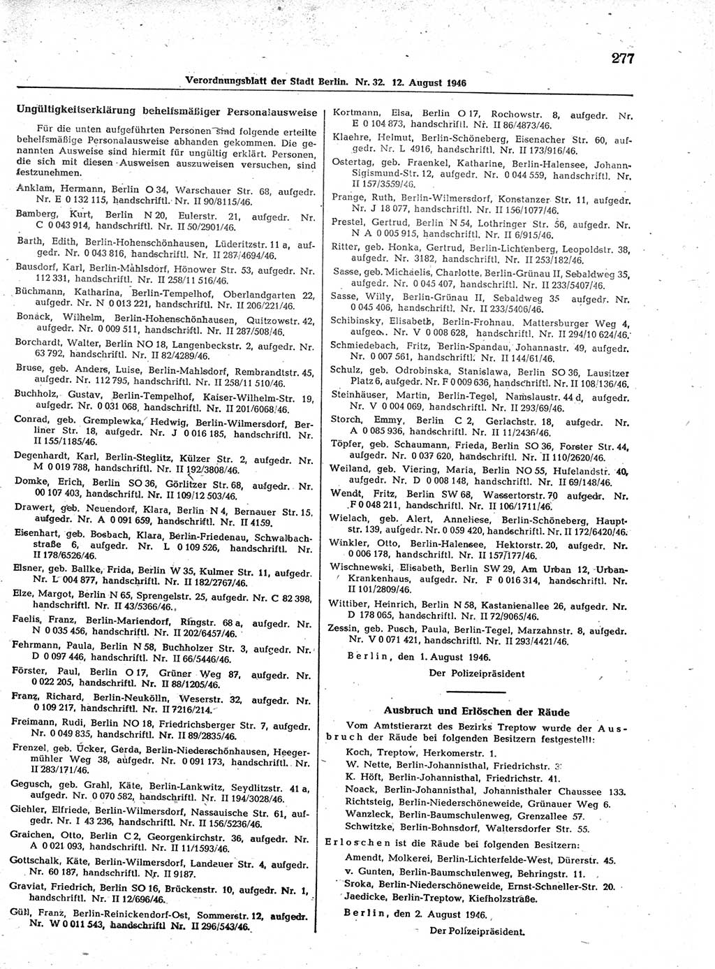 Verordnungsblatt (VOBl.) der Stadt Berlin, für Groß-Berlin 1946, Seite 277 (VOBl. Bln. 1946, S. 277)