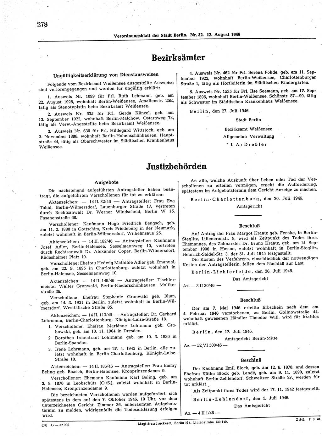 Verordnungsblatt (VOBl.) der Stadt Berlin, für Groß-Berlin 1946, Seite 278 (VOBl. Bln. 1946, S. 278)