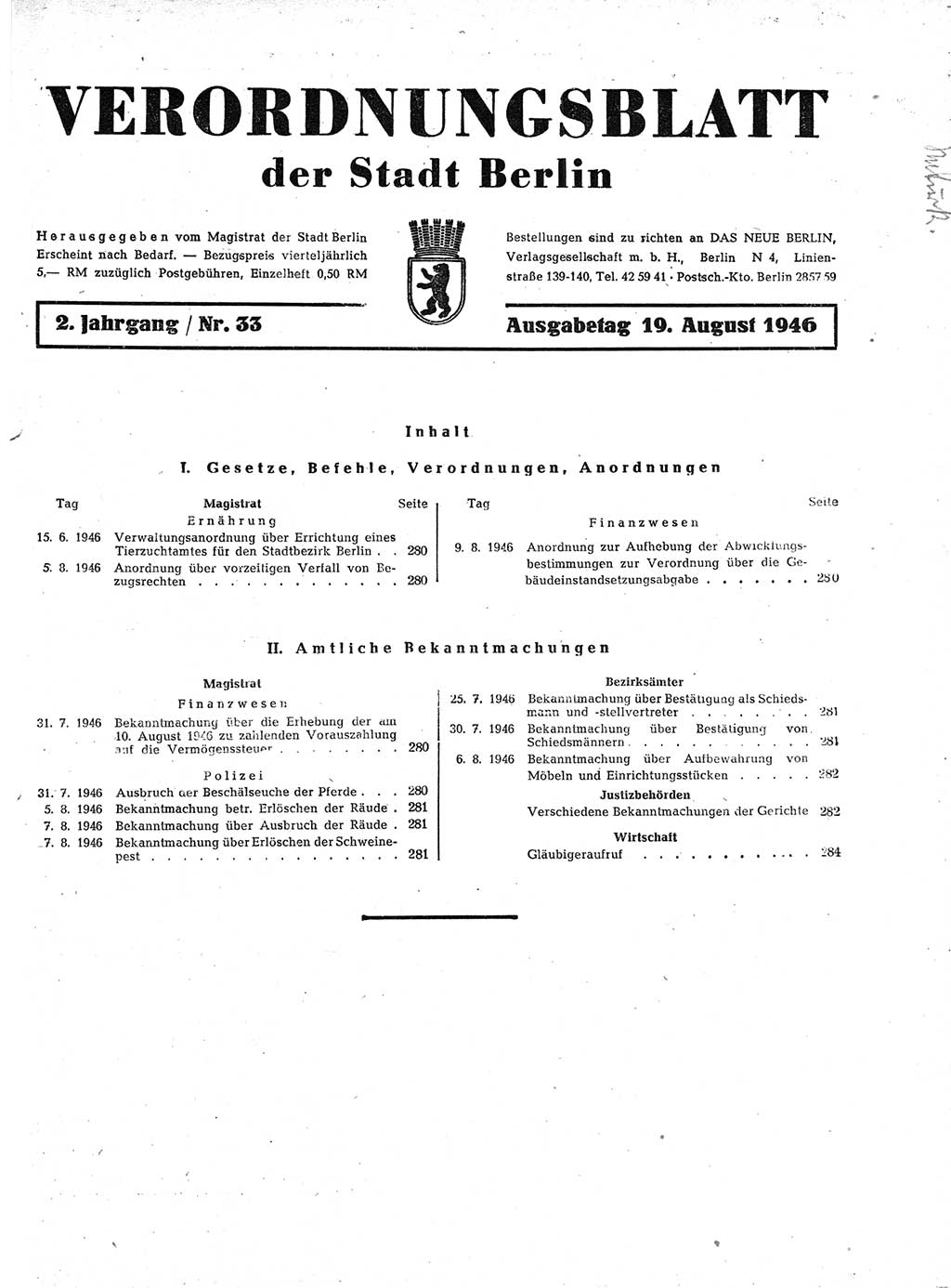 Verordnungsblatt (VOBl.) der Stadt Berlin, für Groß-Berlin 1946, Seite 279 (VOBl. Bln. 1946, S. 279)