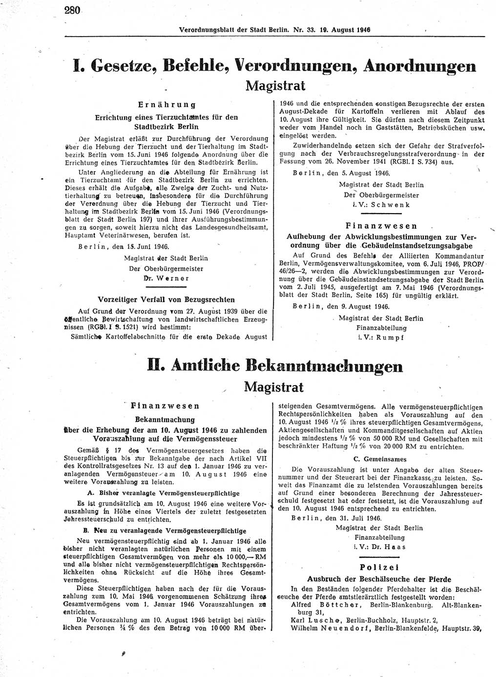 Verordnungsblatt (VOBl.) der Stadt Berlin, für Groß-Berlin 1946, Seite 280 (VOBl. Bln. 1946, S. 280)