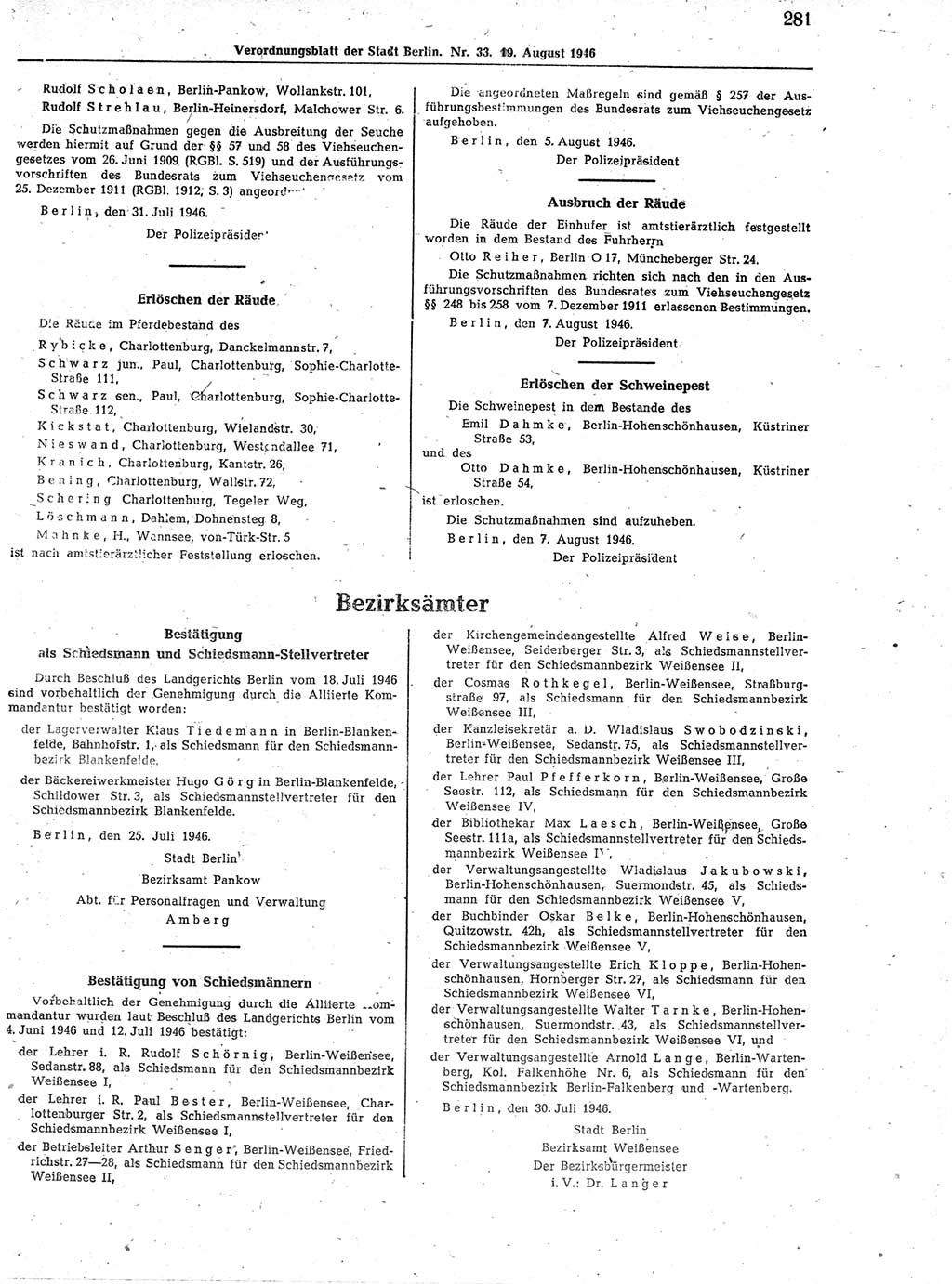 Verordnungsblatt (VOBl.) der Stadt Berlin, für Groß-Berlin 1946, Seite 281 (VOBl. Bln. 1946, S. 281)