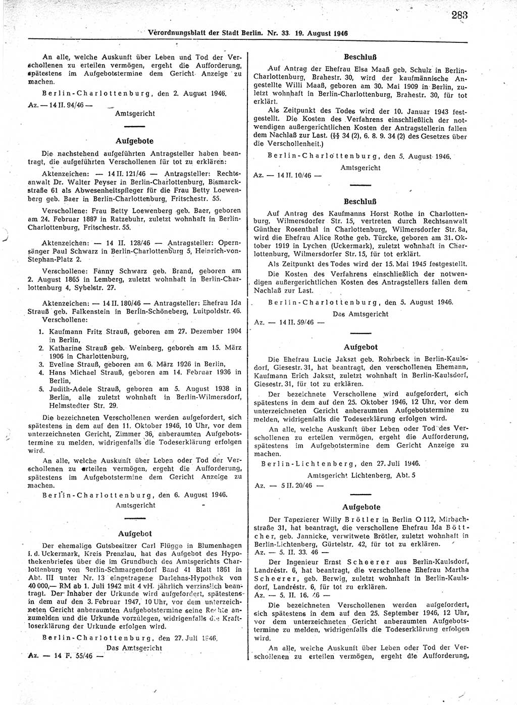 Verordnungsblatt (VOBl.) der Stadt Berlin, für Groß-Berlin 1946, Seite 283 (VOBl. Bln. 1946, S. 283)