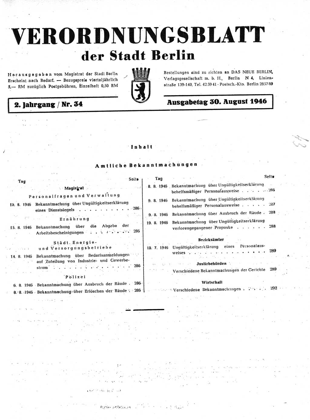 Verordnungsblatt (VOBl.) der Stadt Berlin, für Groß-Berlin 1946, Seite 285 (VOBl. Bln. 1946, S. 285)