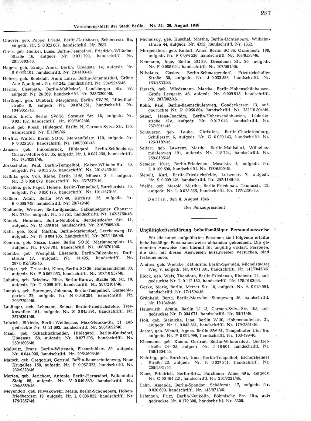 Verordnungsblatt (VOBl.) der Stadt Berlin, für Groß-Berlin 1946, Seite 287 (VOBl. Bln. 1946, S. 287)