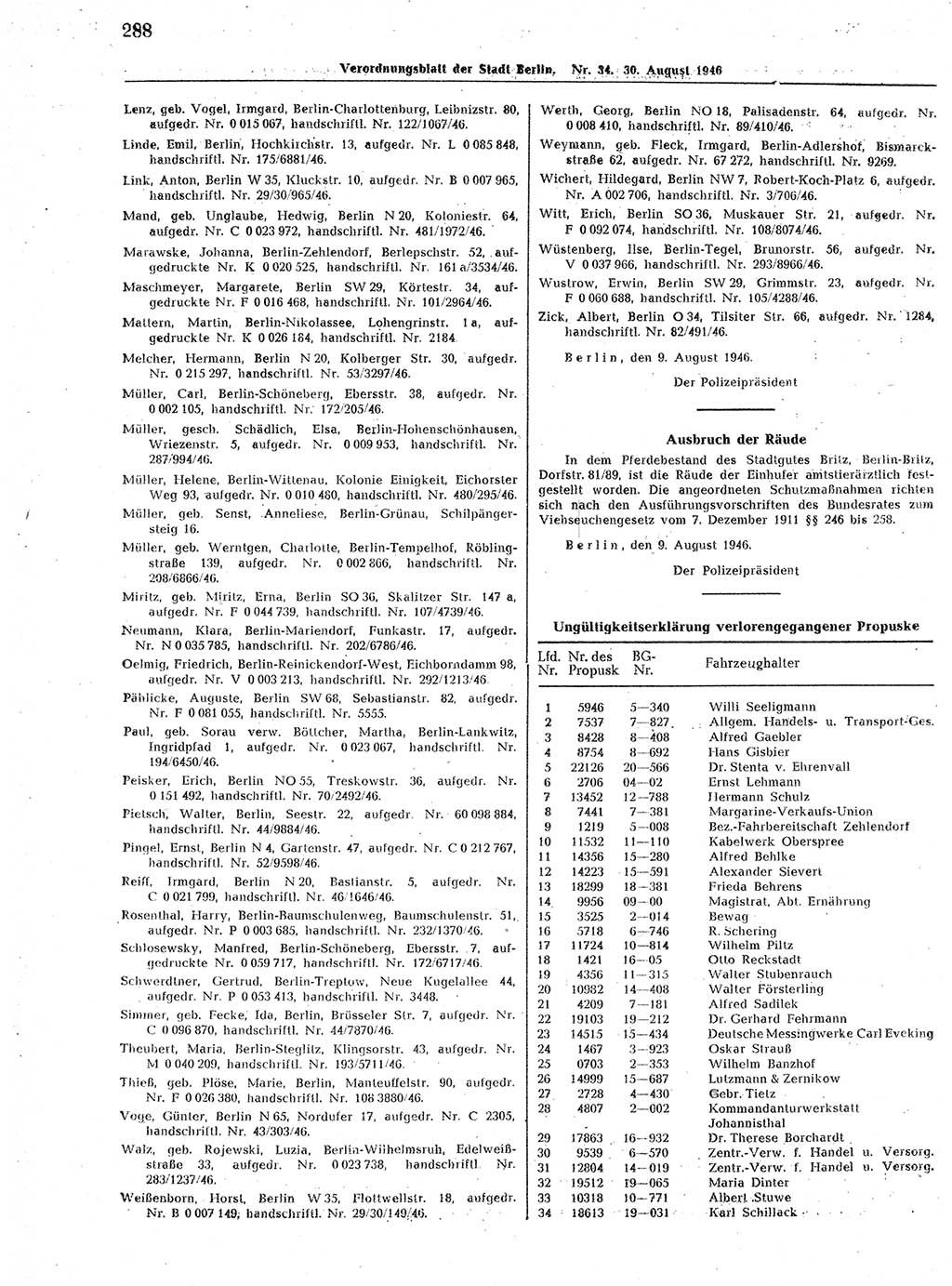 Verordnungsblatt (VOBl.) der Stadt Berlin, für Groß-Berlin 1946, Seite 288 (VOBl. Bln. 1946, S. 288)