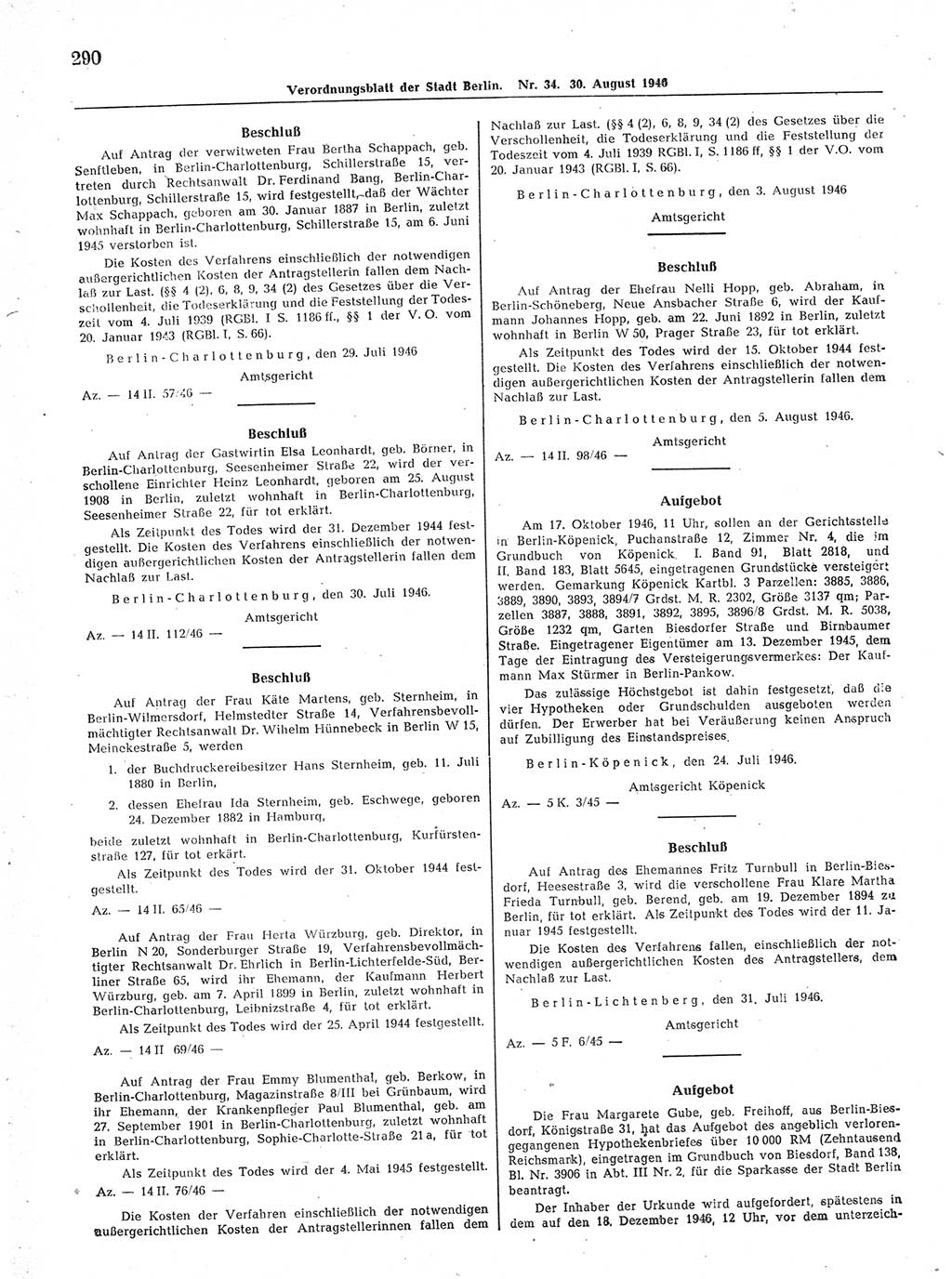 Verordnungsblatt (VOBl.) der Stadt Berlin, für Groß-Berlin 1946, Seite 290 (VOBl. Bln. 1946, S. 290)
