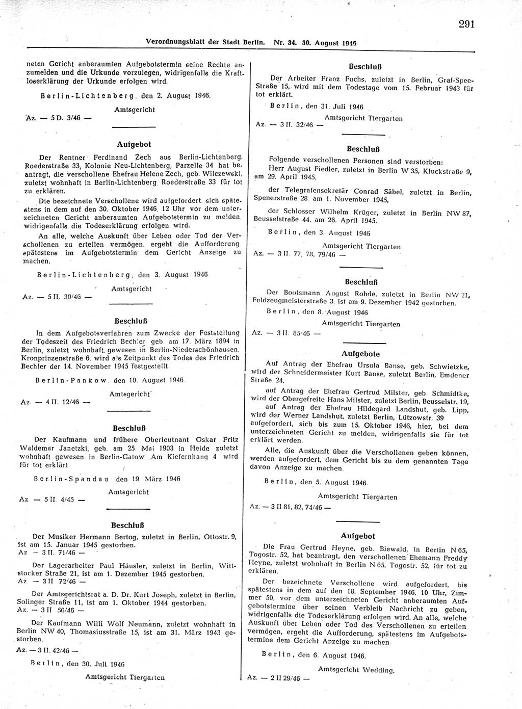 Verordnungsblatt (VOBl.) der Stadt Berlin, für Groß-Berlin 1946, Seite 291 (VOBl. Bln. 1946, S. 291)