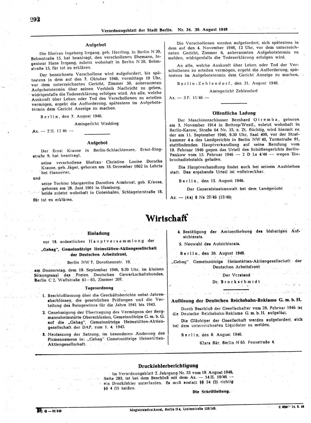 Verordnungsblatt (VOBl.) der Stadt Berlin, für Groß-Berlin 1946, Seite 292 (VOBl. Bln. 1946, S. 292)