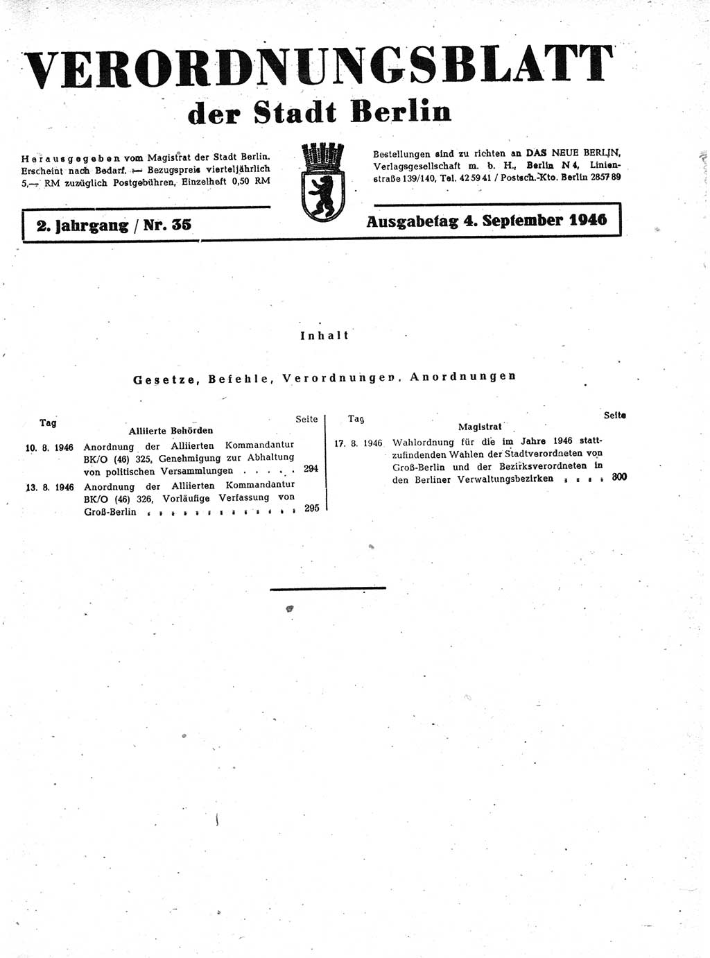 Verordnungsblatt (VOBl.) der Stadt Berlin, für Groß-Berlin 1946, Seite 293 (VOBl. Bln. 1946, S. 293)