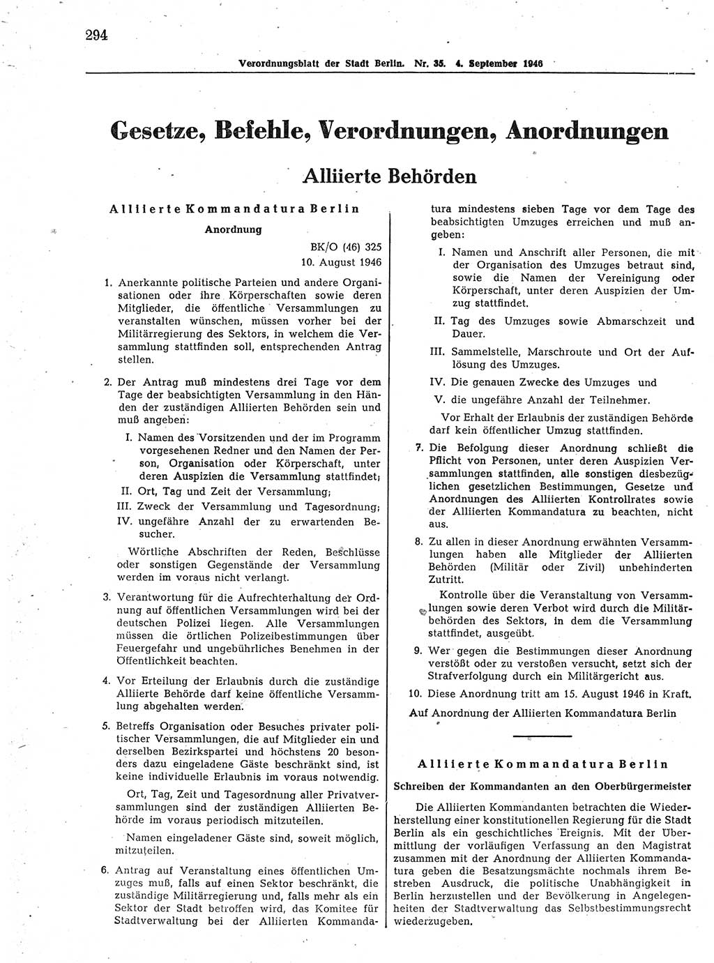 Verordnungsblatt (VOBl.) der Stadt Berlin, für Groß-Berlin 1946, Seite 294 (VOBl. Bln. 1946, S. 294)