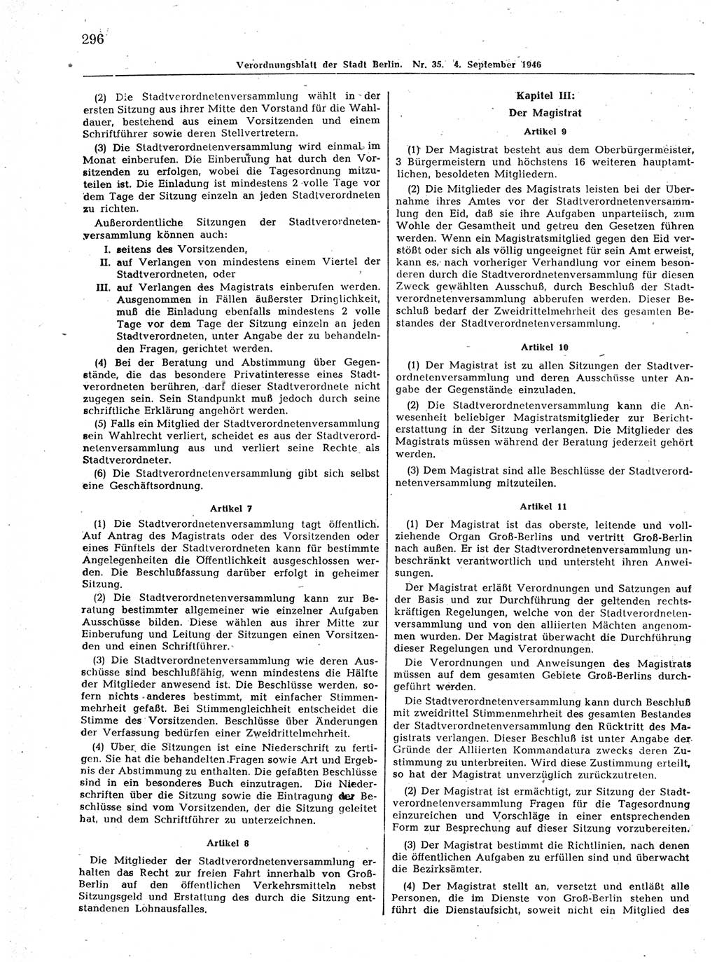 Verordnungsblatt (VOBl.) der Stadt Berlin, für Groß-Berlin 1946, Seite 296 (VOBl. Bln. 1946, S. 296)