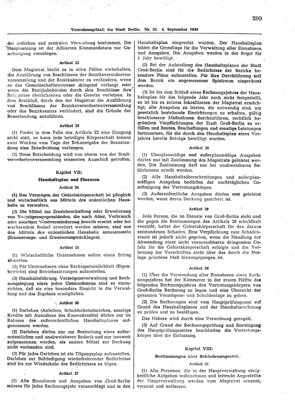 Verordnungsblatt (VOBl.) der Stadt Berlin, für Groß-Berlin 1946, Seite 299 (VOBl. Bln. 1946, S. 299)