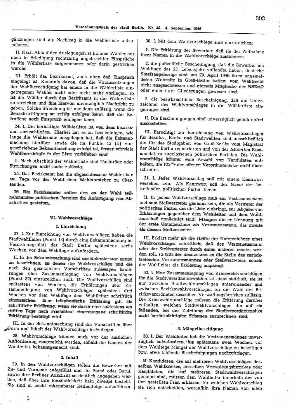 Verordnungsblatt (VOBl.) der Stadt Berlin, für Groß-Berlin 1946, Seite 303 (VOBl. Bln. 1946, S. 303)