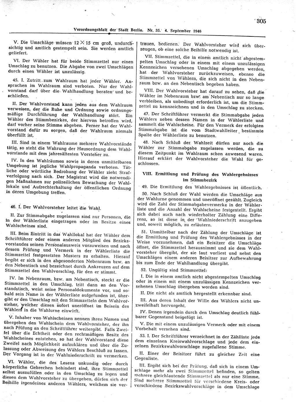 Verordnungsblatt (VOBl.) der Stadt Berlin, für Groß-Berlin 1946, Seite 305 (VOBl. Bln. 1946, S. 305)