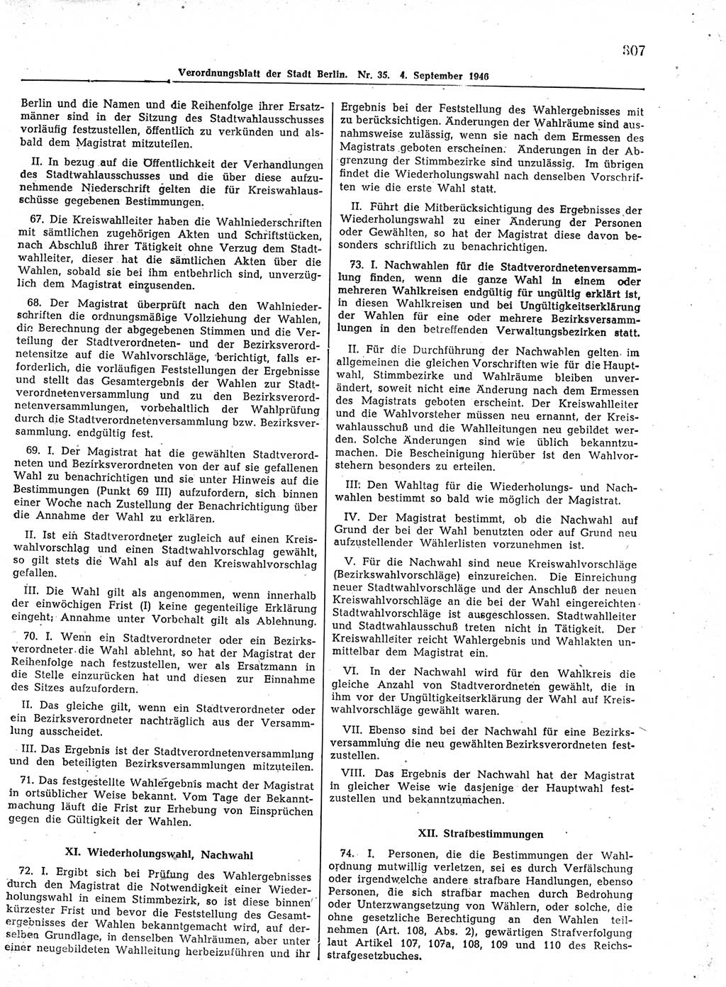 Verordnungsblatt (VOBl.) der Stadt Berlin, für Groß-Berlin 1946, Seite 307 (VOBl. Bln. 1946, S. 307)