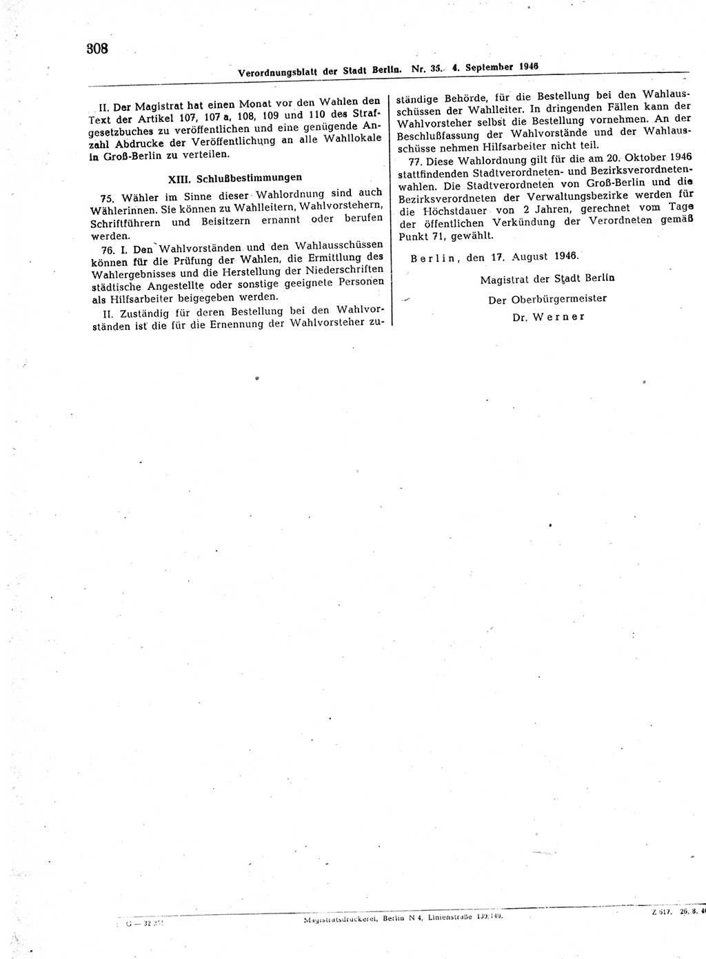 Verordnungsblatt (VOBl.) der Stadt Berlin, für Groß-Berlin 1946, Seite 308 (VOBl. Bln. 1946, S. 308)