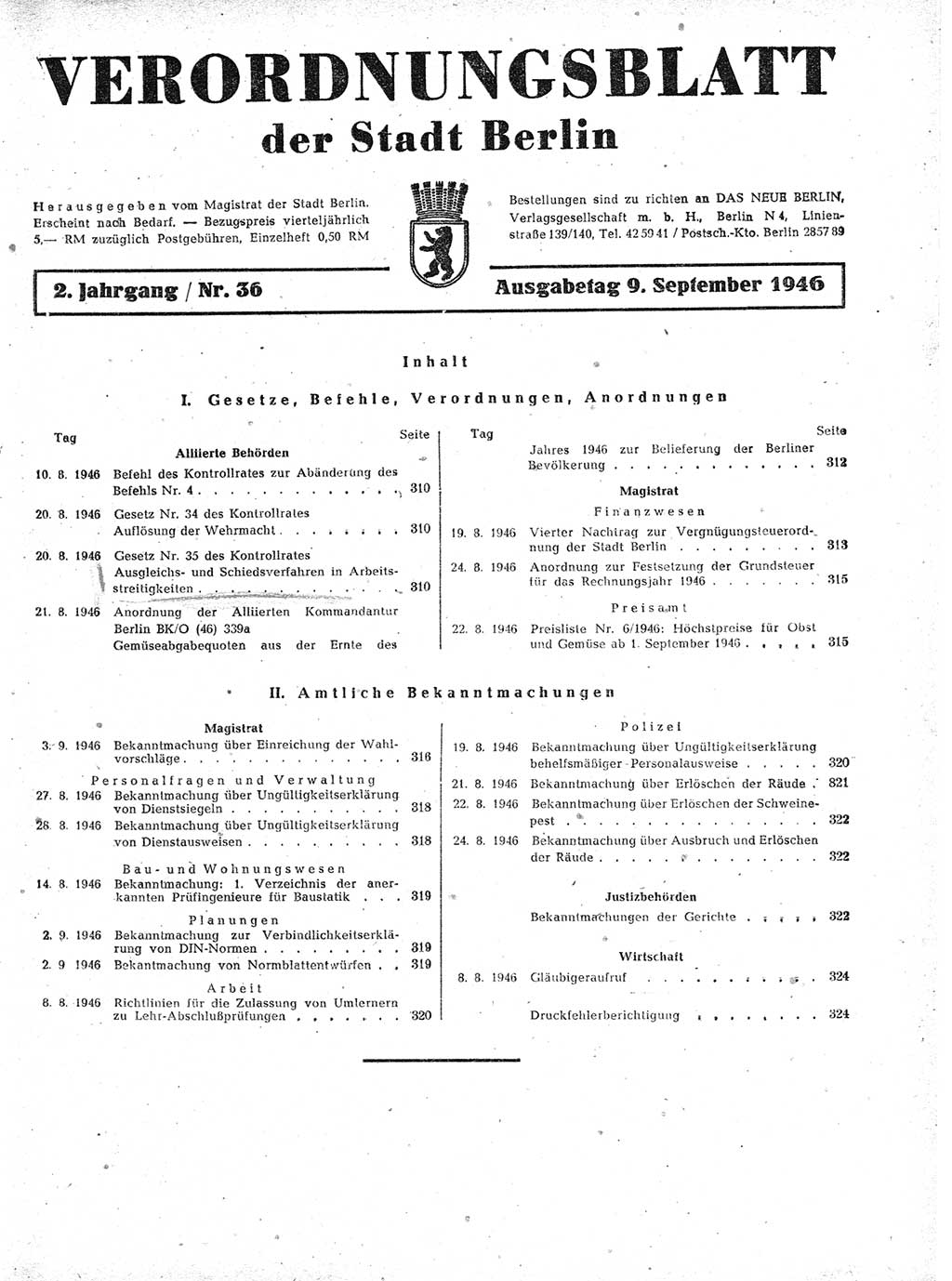 Verordnungsblatt (VOBl.) der Stadt Berlin, für Groß-Berlin 1946, Seite 309 (VOBl. Bln. 1946, S. 309)