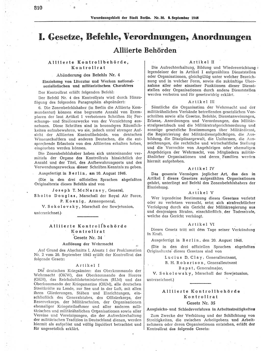 Verordnungsblatt (VOBl.) der Stadt Berlin, für Groß-Berlin 1946, Seite 310 (VOBl. Bln. 1946, S. 310)