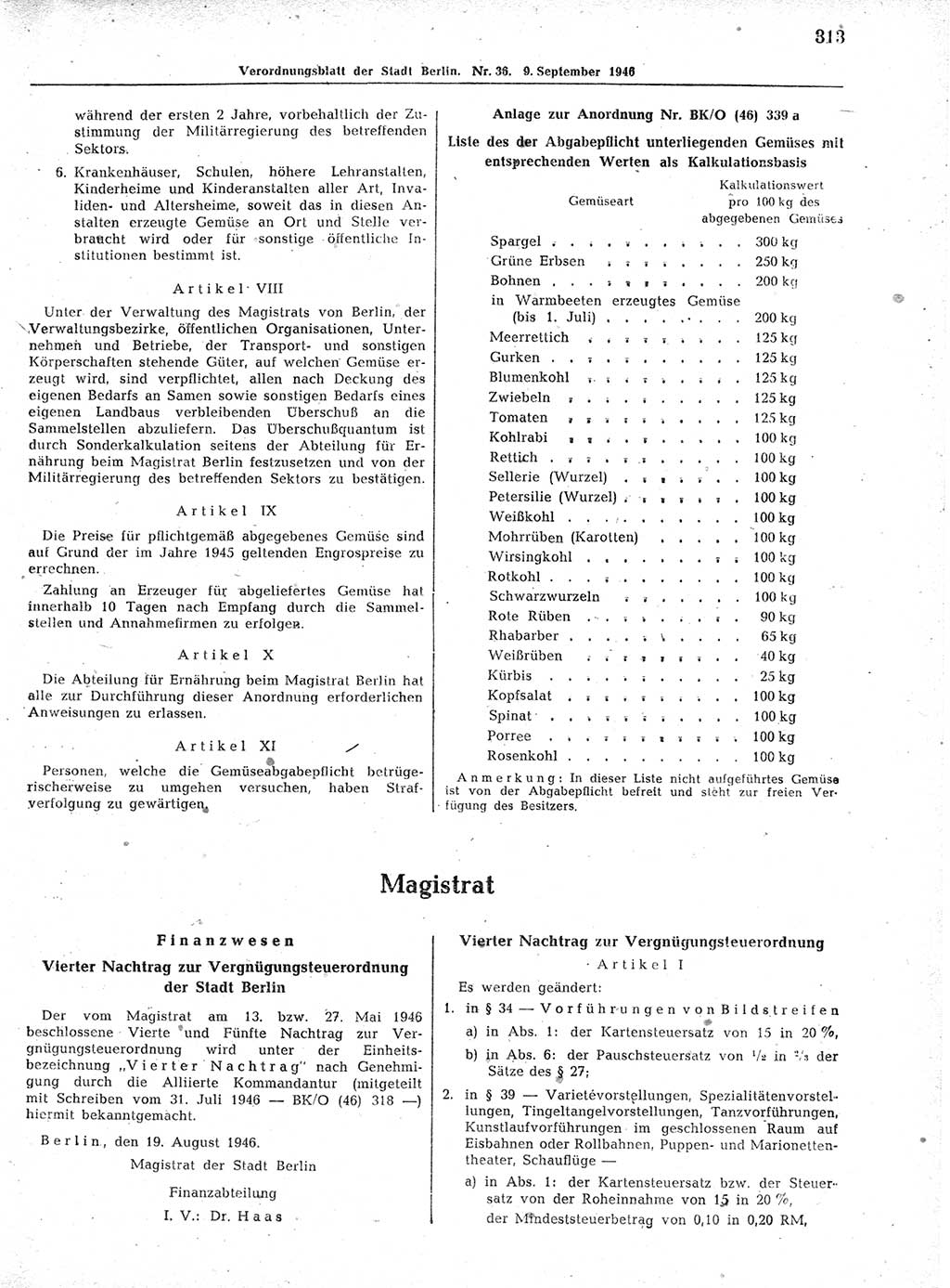 Verordnungsblatt (VOBl.) der Stadt Berlin, für Groß-Berlin 1946, Seite 313 (VOBl. Bln. 1946, S. 313)
