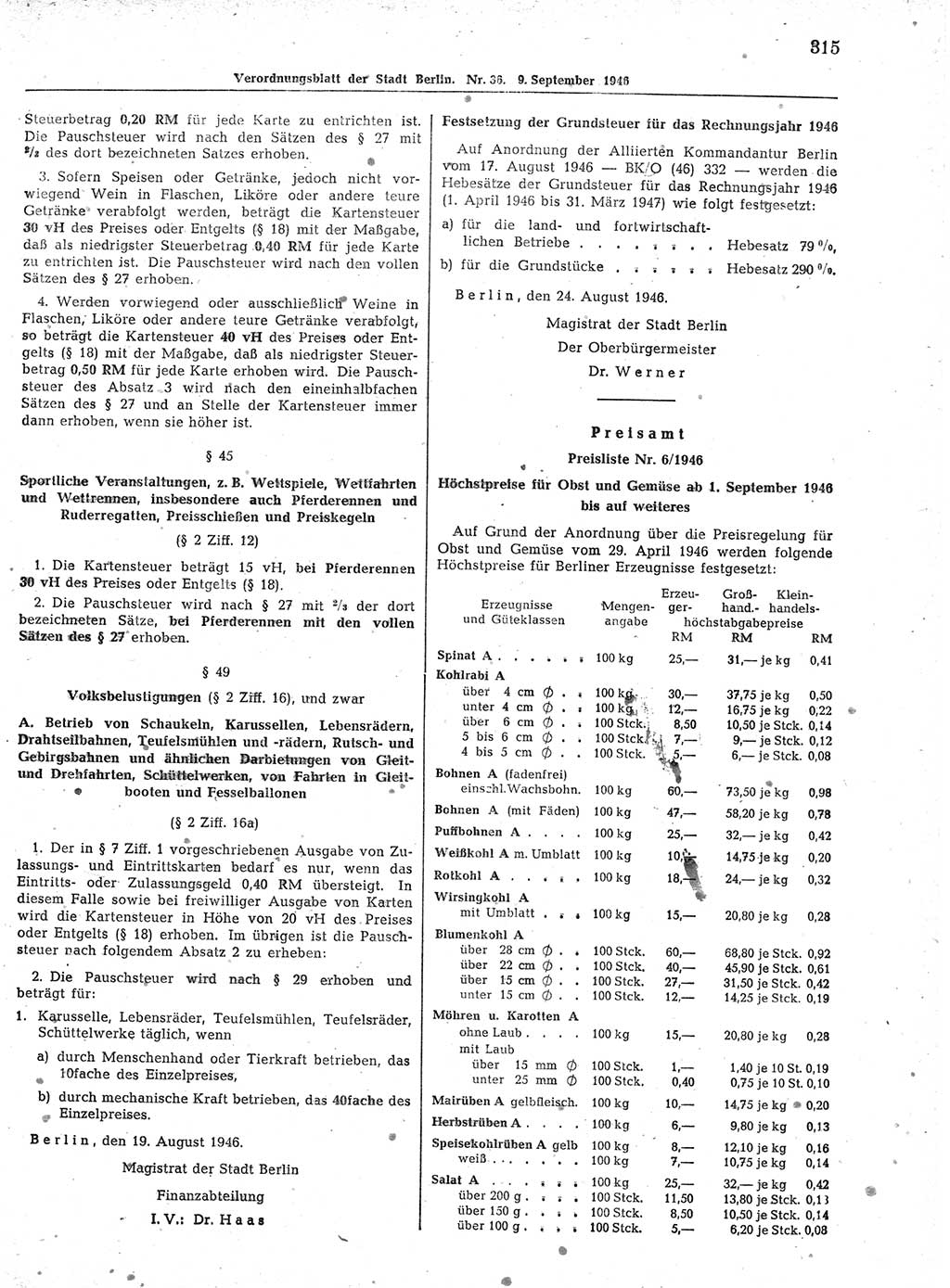 Verordnungsblatt (VOBl.) der Stadt Berlin, für Groß-Berlin 1946, Seite 315 (VOBl. Bln. 1946, S. 315)
