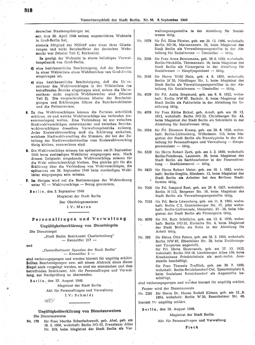Verordnungsblatt (VOBl.) der Stadt Berlin, für Groß-Berlin 1946, Seite 318 (VOBl. Bln. 1946, S. 318)