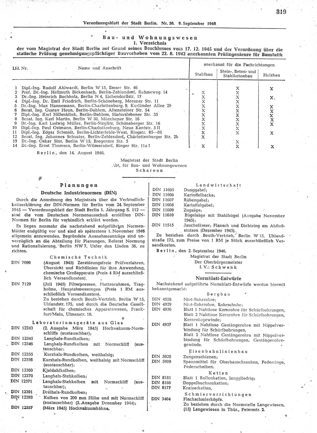 Verordnungsblatt (VOBl.) der Stadt Berlin, für Groß-Berlin 1946, Seite 319 (VOBl. Bln. 1946, S. 319)