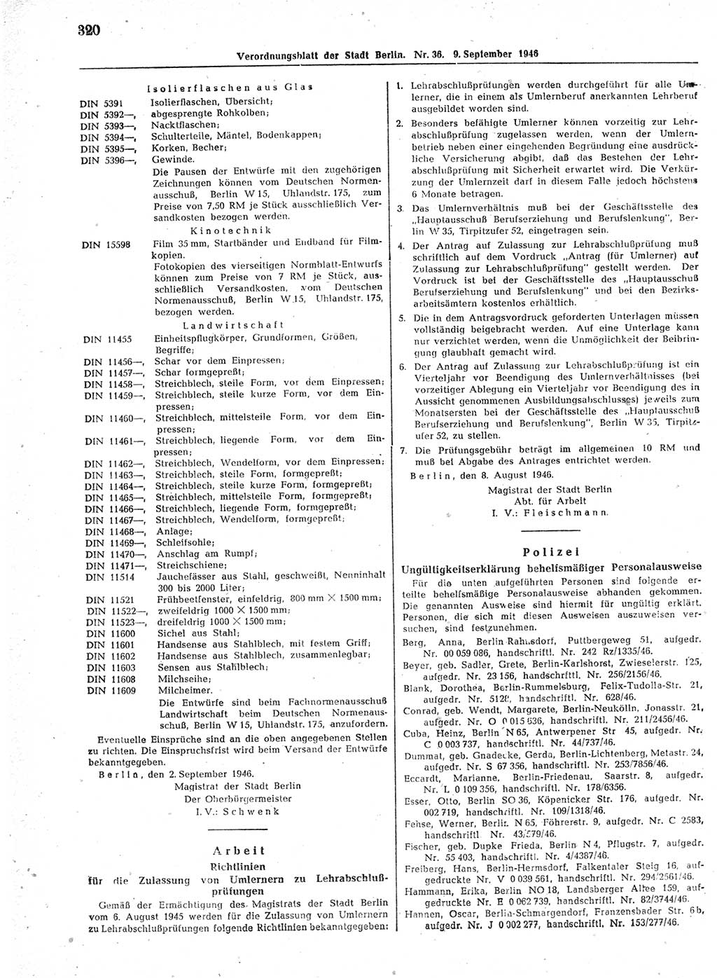 Verordnungsblatt (VOBl.) der Stadt Berlin, für Groß-Berlin 1946, Seite 320 (VOBl. Bln. 1946, S. 320)