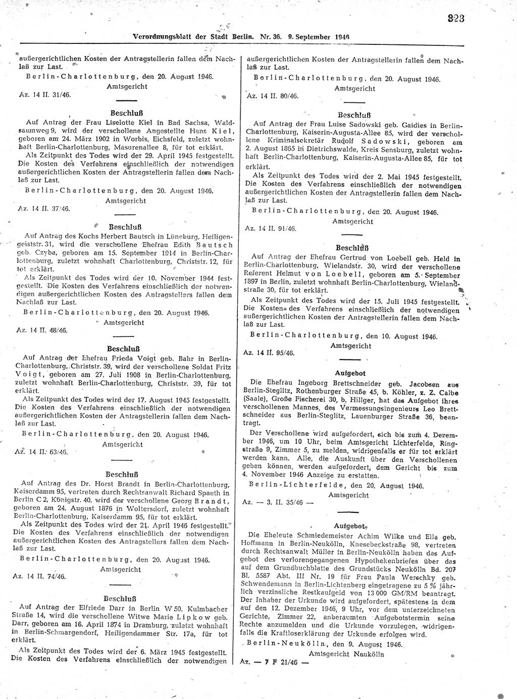 Verordnungsblatt (VOBl.) der Stadt Berlin, für Groß-Berlin 1946, Seite 323 (VOBl. Bln. 1946, S. 323)