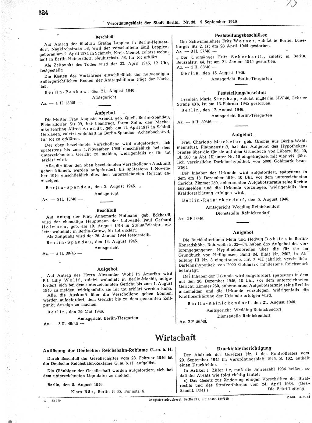 Verordnungsblatt (VOBl.) der Stadt Berlin, für Groß-Berlin 1946, Seite 324 (VOBl. Bln. 1946, S. 324)